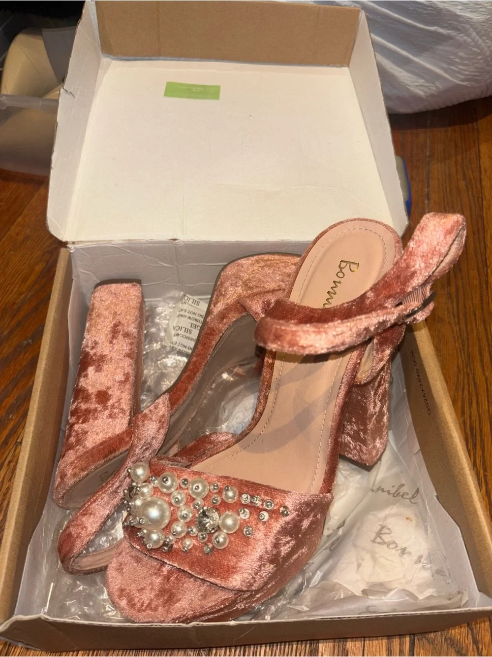 Bonnibel Rose Velvet Pearl & Crystal Block Heel Sandals